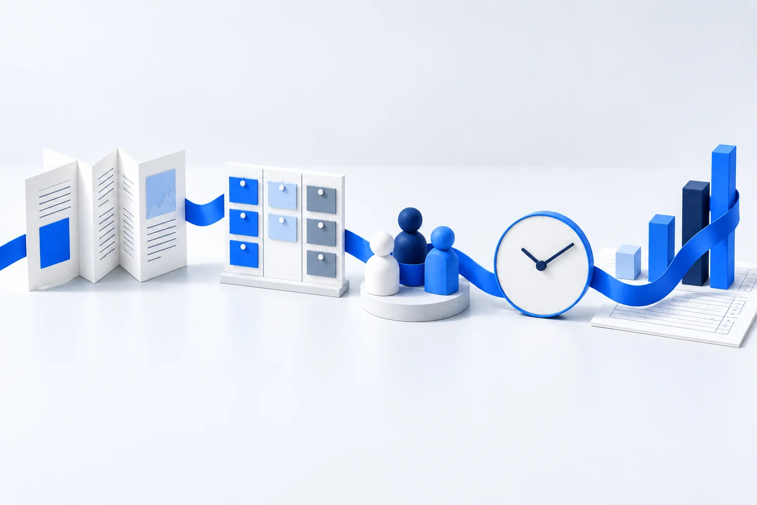 A continuous blue ribbon connects paper documents, a task board, people, a clock and financial charts