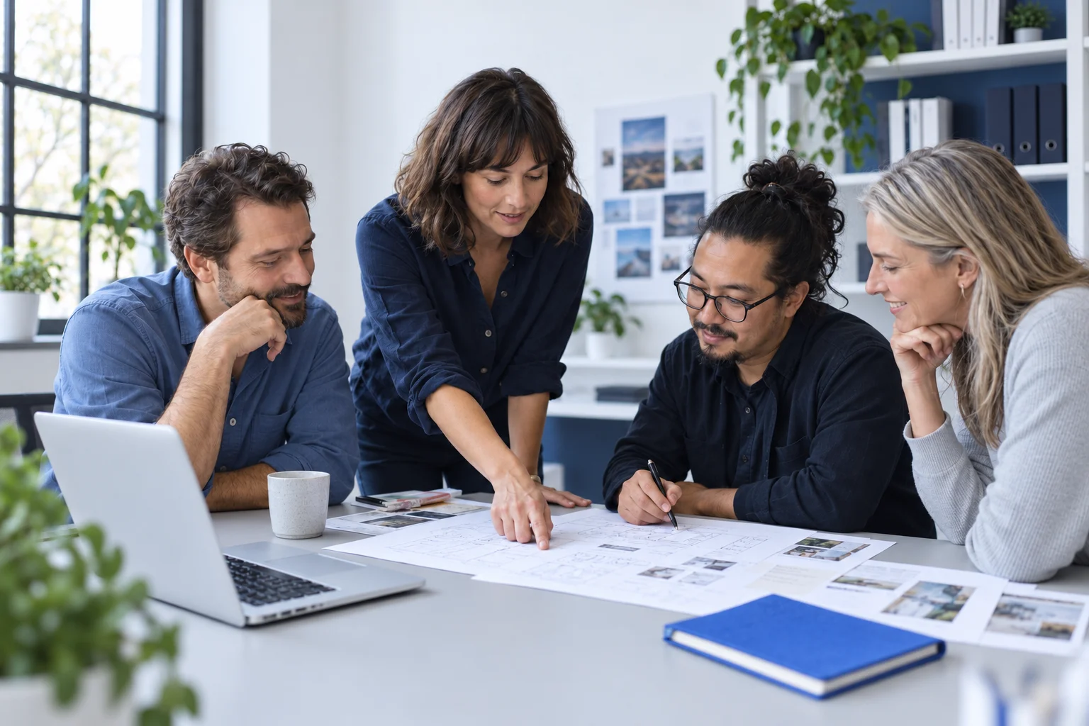 Four colleagues gathered around a project plan in a sunlit small-business studio